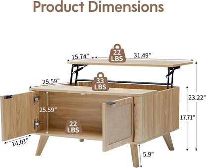 AVZEAR Wood Lift Top Coffee Table with Storage, Boho Modern Coffee Table with Nature Linen Doors & Large Hidden Storage, Rounded Corners Center Table Farmhouse Coffee Tables for Living Room, Natural