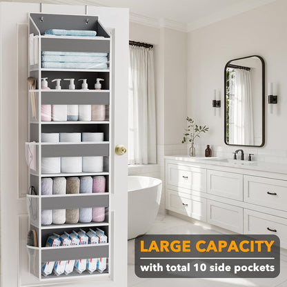 SpaceAid 1 Pack Over The Door Organizer with 5 Large Pockets and 10 Mesh Side Pockets, 5 Layers Door Organizer Hanging with Clear Window for Bedroom, Bathroom, Pantry and Nursery, Gray