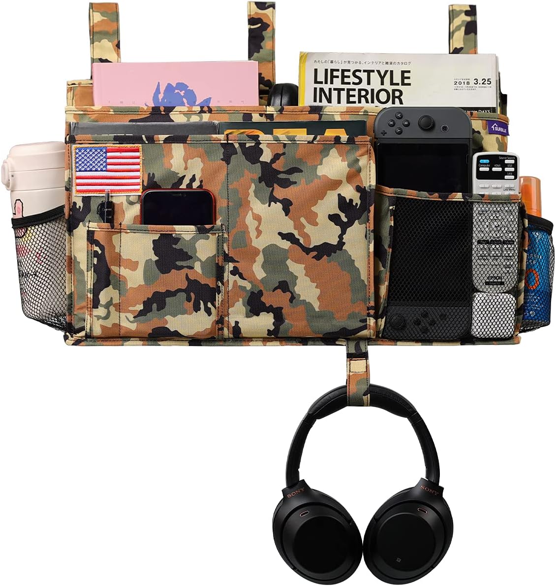 Surblue Bedside Caddy Hanging Organizer Storage Bag Pocket for Bunk, Hospital, College Dorm Rooms, Baby Bed Rails, Camp - 8 Pockets (Large, Desert)