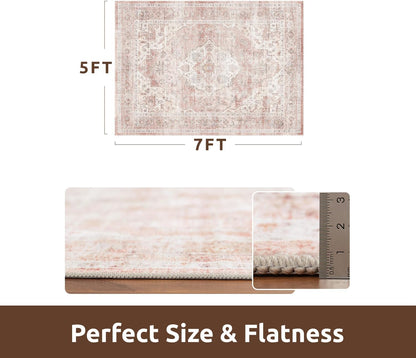 AMOAMI-Area Rug 5X7 Rugs for Living Room-Vintage Soft Pink Rugs for Bedroom-Non Slip Carpet-Machine Washable Rug for Dining Room Living Room Bedroom Office Under Table