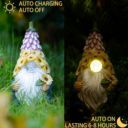 Garden Gnome Statue - Resin Gnome Figurine，with Solar LED Lights, Outdoor Decorations Art Sculpture for Patio Yard Lawn Garden Decor Lawn Ornaments Gnomes Gifts，7.68''