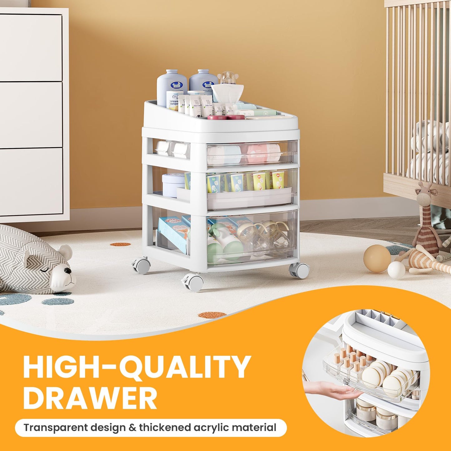 Rolling Cart with 3 Drawers, Clear Plastic Drawer Organizers, Vanity Cart
