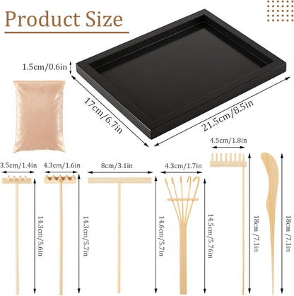 Soulchen 8 Pcs Mini Zen Garden Kit for Desk Decor DIY Your Own Zen Garden 8.5" x 6.7" Japanese Sand Tray 6 Rake Tools Meditation Gifts Set for Home Office Desktop Accessories Therapy Stress Relief