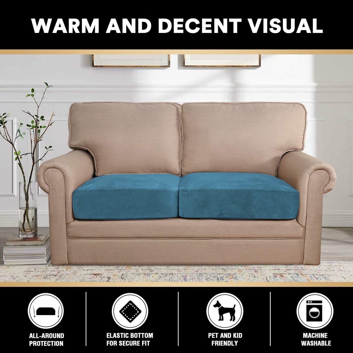 PrinceDeco Velvet Sofa Cushion Covers, Stretch Couch Cushion Covers for Individual Seat Couch Slipcover Sets Furniture Protector for Loveseat Sofa Cushion(Each Width Up to 29.5", Blue)