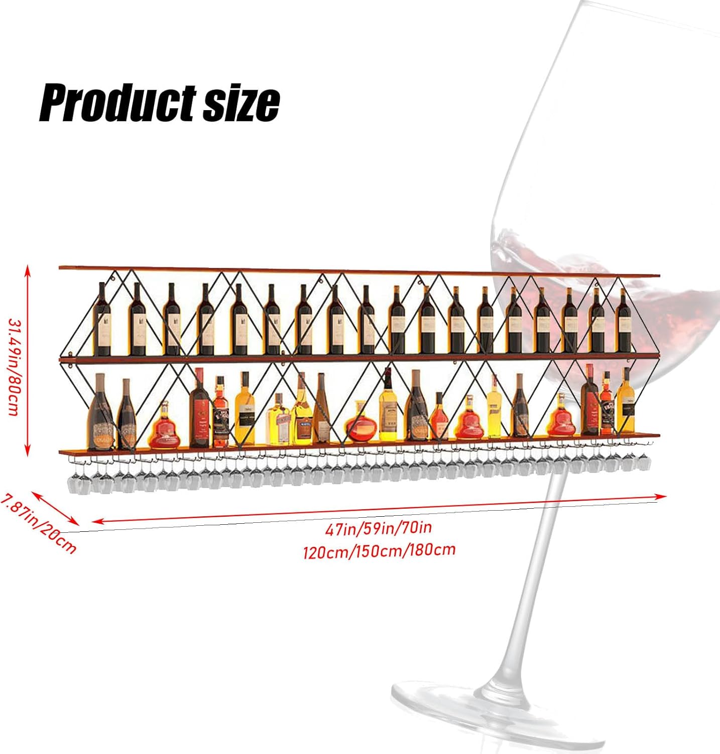 71in Wine Rack Wall Mount with Glass Holder, 3-Tier Floating Wine Rack, DIY Multi-Function Bar Wine Bottle Display Rack for Commercial Restaurants, Tea Rooms, Bars, Wine Cellars