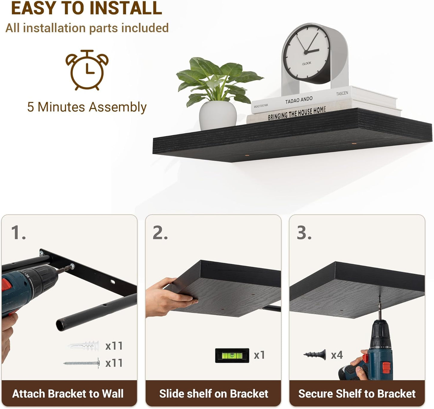 55 Inch Floating Shelves, 55"x9.25"x1.5" Inch Deep Floating Shelves for Wall, Wooden Shelves for Bathroom, Bedroom, Living Room, Black