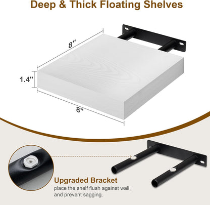 8 Inch Deep Floating Shelves White, Rustic Wood Floating Shelf for Home Decor, 8 x 8 Inch Square Wall Shelves, Wooden Storage & Display Shelves for Kitchen, Bathroom, Living Room, Set of 2