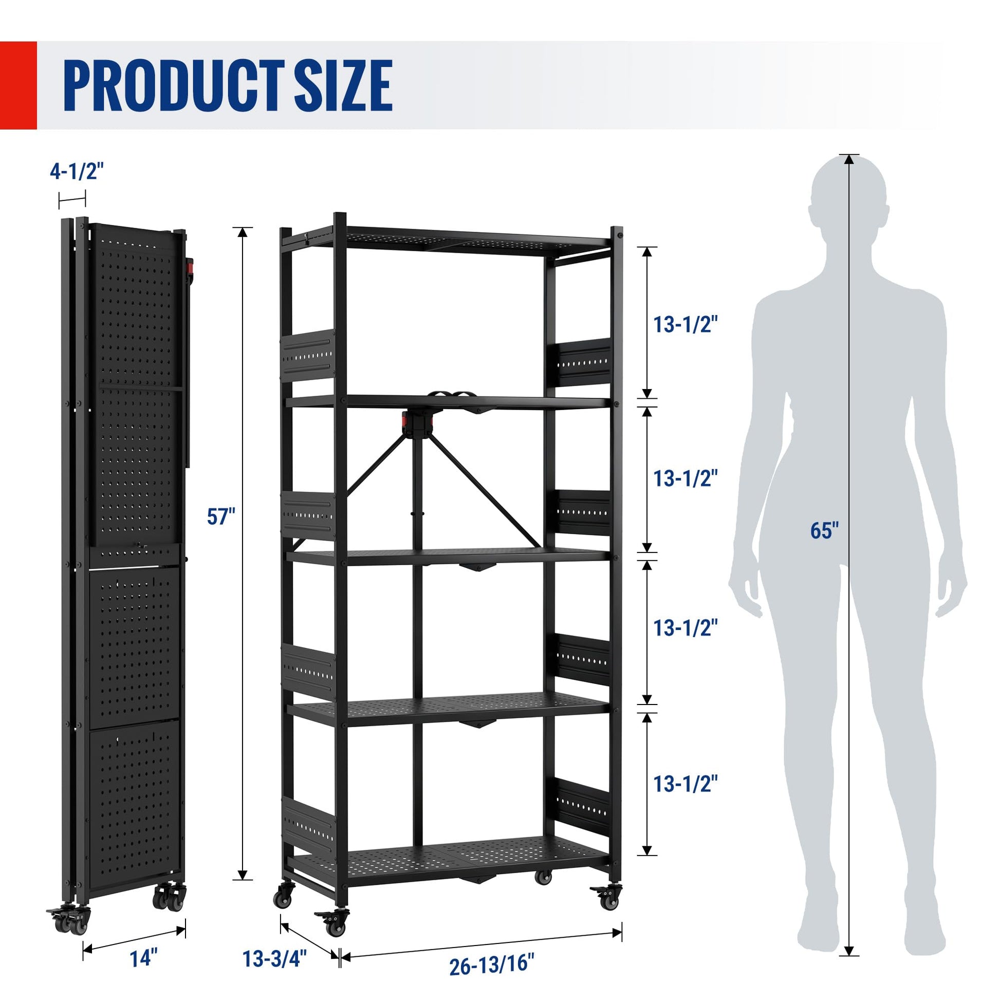 WORKPRO 5-Tier Folding Shelf, No-Assembly Metal Storage Rack with Wheels, 750 lbs Capacity (with