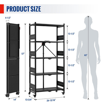WORKPRO 5-Tier Folding Shelf, No-Assembly Metal Storage Rack with Wheels, 750 lbs Capacity (with