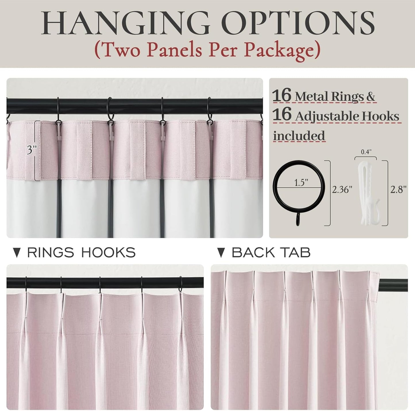 Pale Pink Preppy Linen Pinch Pleated Curtains 108 Inches Long Complete Blackout for Bedroom Funky Cute Window Curtains Noise/Heat Blocking Heavy Insulated Drapes for Winter/Summer Hooks&Rings Included