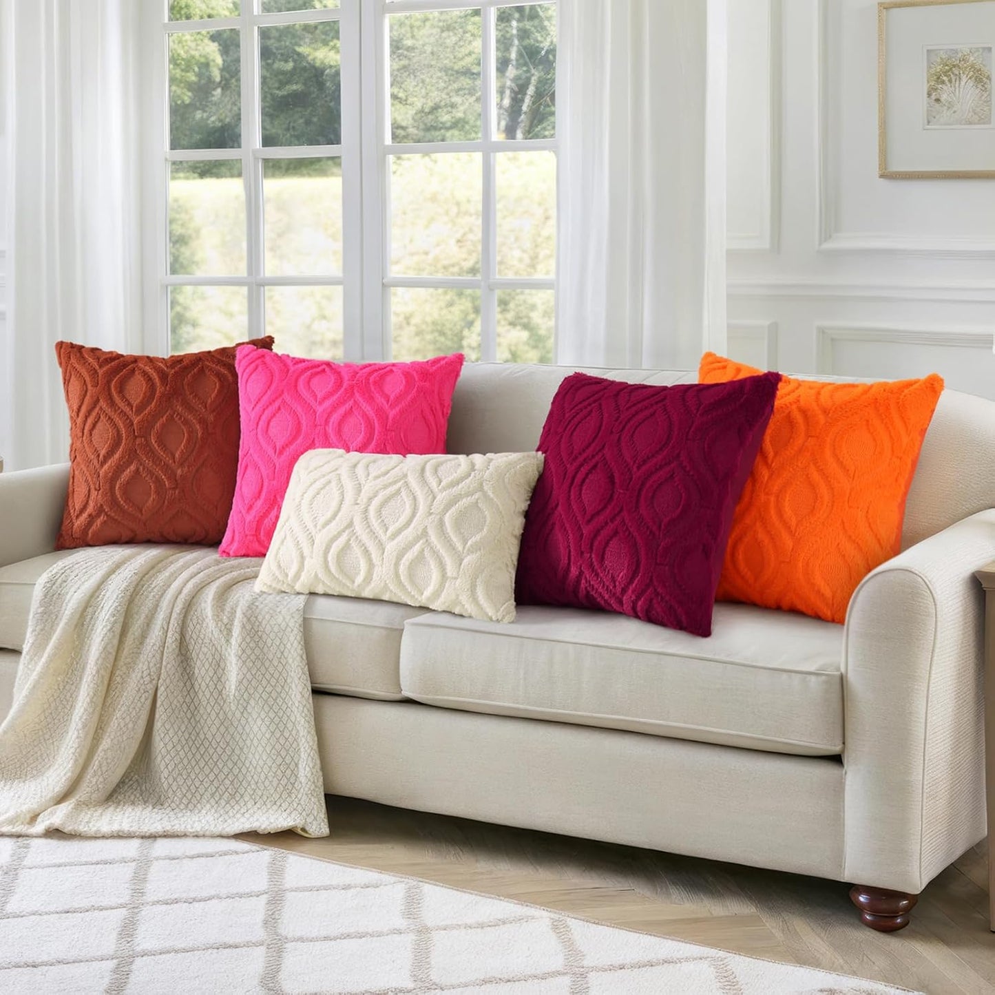 decorUhome Fall Throw Pillow Covers 18x18 Inch Set of 2, Soft Plush Decorative Faux Fur Orange Solid Couch Pillow Covers, Accent Farmhouse Neutral Square Euro Pillow Cases for Sofa Bed Living Room