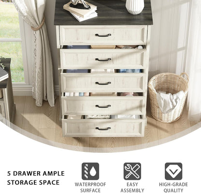 Farmhouse 5 Drawers Dresser for Bedroom, 44" Tall White Dresser Wood Rustic Chest of Drawers with Wide Metal Handle,Natural Texture,Drawer Organizer for Bedroom,Living Room,Hallway and Entryway