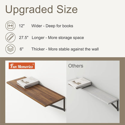 Fun Memories 27.5" W x12 D Floating Shelves, Large Wall Shelves 27.5 Inch Long, Set of 2, Farmhouse Wood Floating Shelf Wall Mounted, Deep Shelves for Bathroom, Living Room, Kitchen, Walnut Color