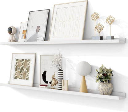 Solid Ash Wood Picture Ledge Shelf, Floating Shelves Set of 2, 56 Inch Long Large Ledge Shelves, Nursery Book Shelves Wall Mounted for Living Room Bedroom Kitchen Decor Kids Bookshelf, White