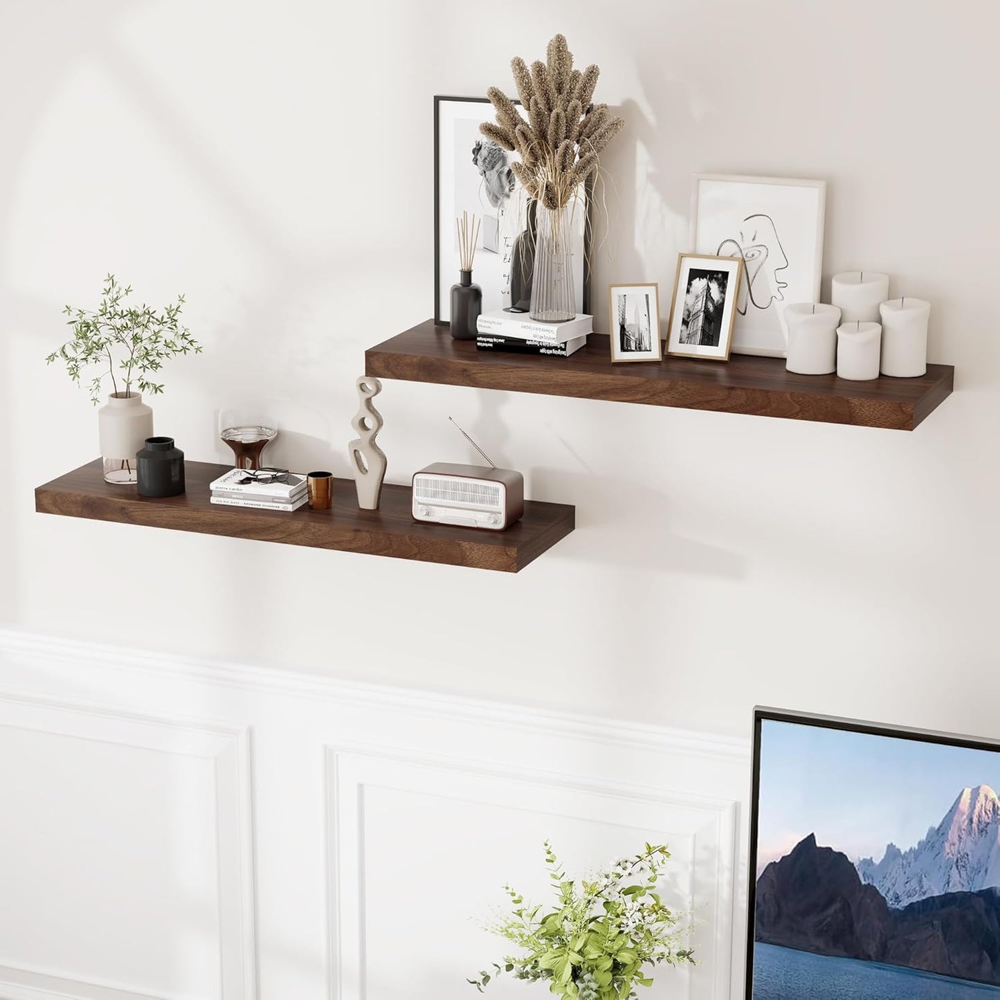 Fun Memories Rustic Wood Floating Shelves for Wall, 36 x 9 Wall Shelves Set of 2, Deep Floating Shelf for Kitchen, Living Room Storage & Display, Deep Wooden Bookshelf, Walnut Color