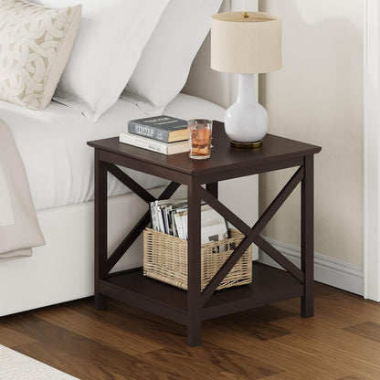 ChooChoo End Table, 24 Inch End Table with 2-Tier Storage Shelf, Side Table for Living Room, Wood Nightstand for Bedroom, Office, Painted Surface, Espresso