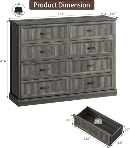CARPETNAL Farmhouse 8 Drawer Dresser for Bedroom, 55 Inch Wide Modern Grey Dresser TV Stand with Large Drawers & Bar Handles, Rustic Wood Chest of Drawers for Bedroom, Living Room, Hallway, Entryway.