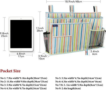 Surblue Bedside Caddy Hanging Bed Organizer Storage Bag Pocket for Bunk and Hospital Beds, College Dorm Rooms Baby Bed Rails, Camp 8 Pockets, (Large, Green Stripe)