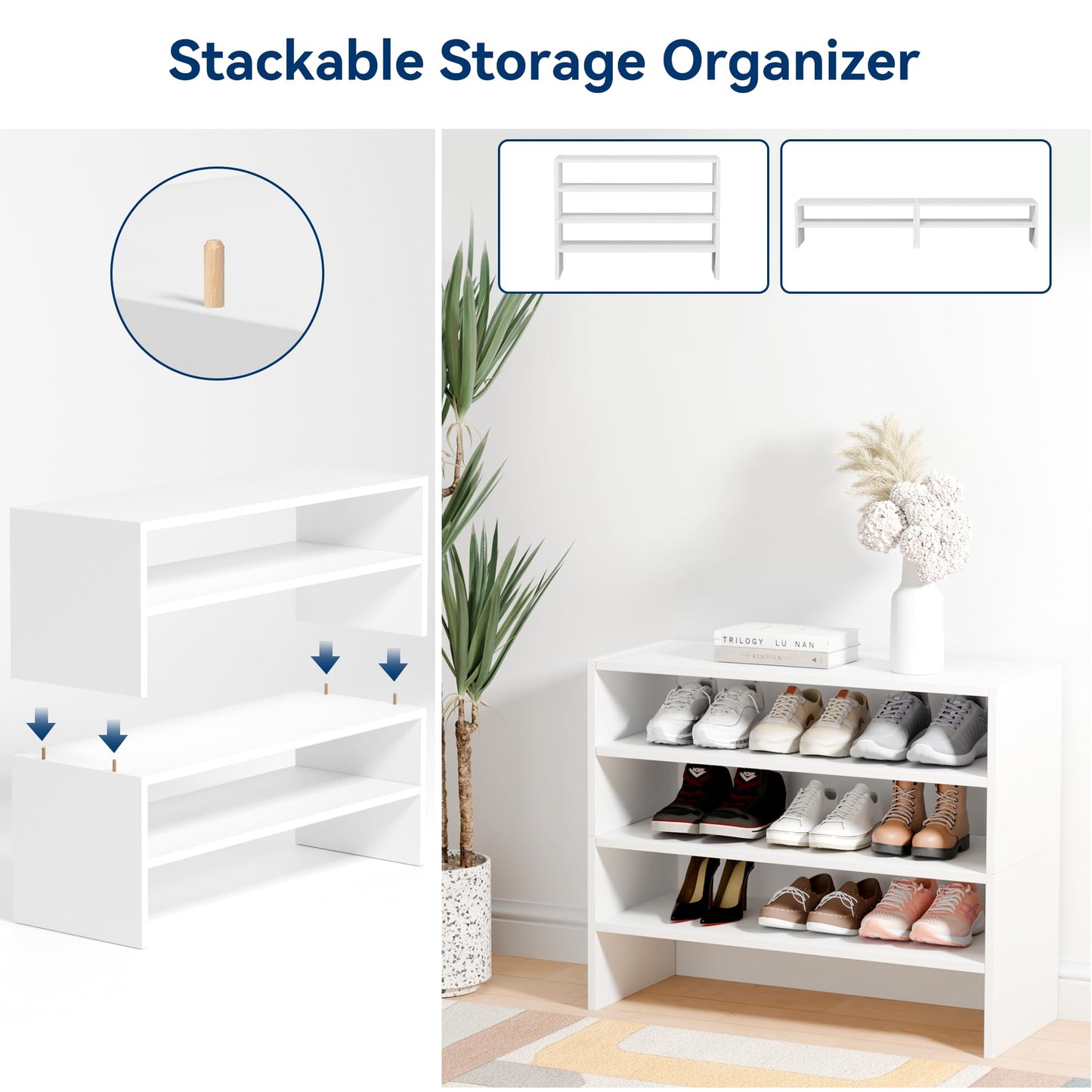 Whitmor Stackable 28" Extra Wide 2-Shelf Storage Organizer, Stackable Wood Combination Shoe