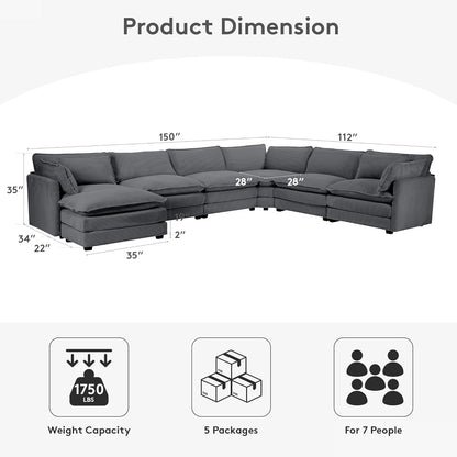 ROWHY 150'' Modular Sectional Sofa Cloud Couch, Corner Sofa Big Comfy Corduroy Oversized L Shaped Couch with 4 Pillows, Chaise, Ottoman, Deep Seat Couches for Living Room Office, Dark Grey