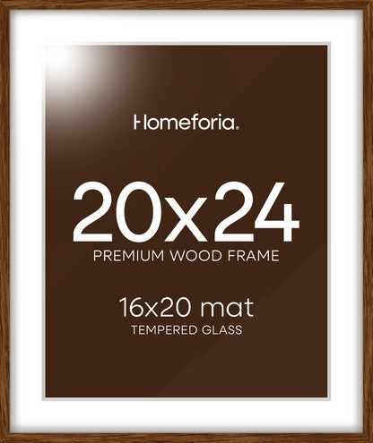 Homeforia 20x24 Picture Frame Brown, High End Dark Oak 20x24 Walnut Wooden Poster Frames with Mat 16x20, 20 x 24 Wood Frame Matted to 16 by 20, 24x20 Hanging Frames, Tempered Glass, Wall Kit, Set of 1