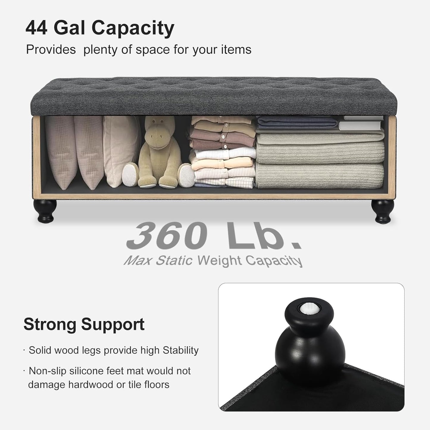 Storage Ottoman Bench 46 Inch Ottoman Bench with Storage Fabric Tufted Benches for End of Bed, Upholstered Ottomans Benches King Size with Hinged Lid for Living Room Bedroom Dark Grey