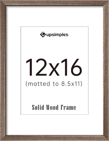 upsimples 12x16 Picture Frame, Natural Solid Wood Picture Frames, Display 8.5x11 with Mat or 12 x 16 Without, Vertical & Horizontal Wall Hanging, 1 Pack, Brown