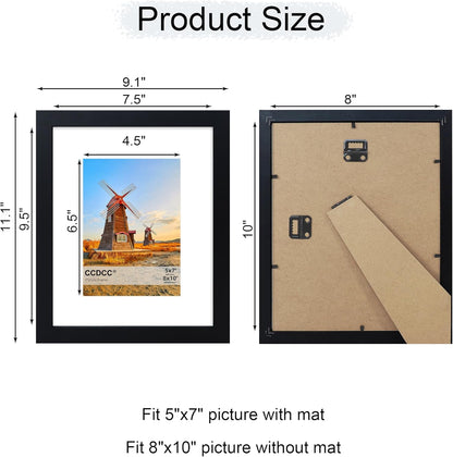 8x10 Picture Frame Set of 4, 8 x 10 Wood Photo Frames with Mat for 5x7, Wooden Frame with Real Glass Cover for Wall and Tabletop Display,Black