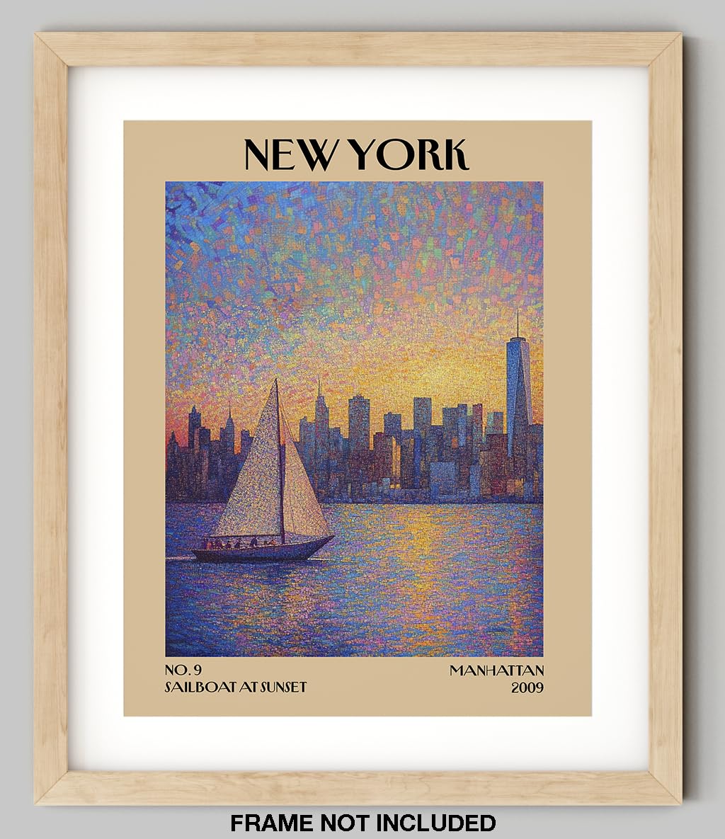 Retro Vintage New York Wall Art Print - 11x14 Unframed Poster - New York City Souvenirs, Cute Trendy Colorful Wall Decor (Sunset Sailboat, 11x14")
