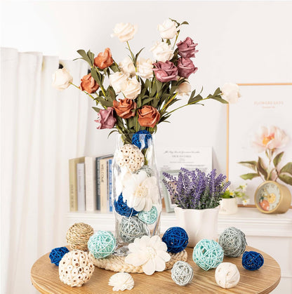 15Pcs Blue and White Decorative Balls for Potpourri Bowl Filler, Bowl Filler for Table Centerpiece Home Decor, Woven Rattan Wicker Balls, Rattan Wicker Orbs Fillers for Vase Jar Dough Bowl