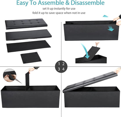 SUPER DEAL 43 Inch Folding Storage Ottoman Bench, Faux Leather Storage Chest Shoes Bench with Divider Padded Seat Couch Footrest for Bedroom Entryway, 660 lbs Capacity 43"x 15"x 15", Black