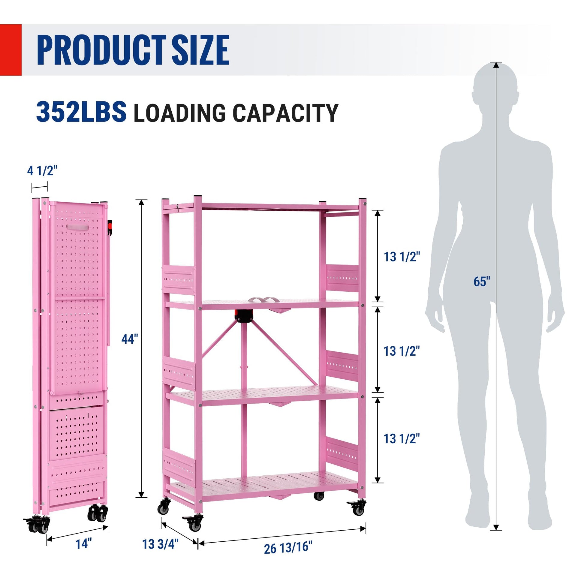 WORKPRO 4-Tier Folding Shelf, No-Assembly Metal Storage Rack with Wheels, 600 lbs Capacity (with