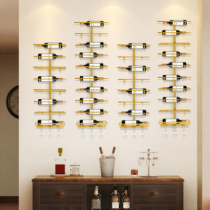 8 Bottle Wall Mount Wine Rack with Wine Glass Holder, Metal Wine Wall Rack, Wall Racks for Wine Bottles Display and Storage, Hanging Bottle Organizer for Living Dining Room Wine Cellar Bar (Gold)