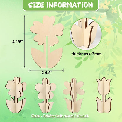 COCHIE DIY 3D Flower Spring Wood Crafts to Paint for Kids Adults, Paintable Unfinished Wooden Slices for Craft, Flowers Cutouts Ornaments for Painting Decorations (24 PCS)