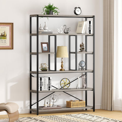 LVB Industrial 6 Tier Bookshelf, Large Tall Open Rustic Vintage Etagere Bookcase, Gray Big Wide Modern Farmhouse Wood and Metal Book Shelf for Home Bedroom Living Room Office Storage, Light Grey Oak