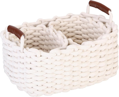 Sea Team 3-Pack Rectangle Woven Cotton Rope Storage Baskets with Handles, Shelf Basket, Closet Organizers, 3-in-1, White