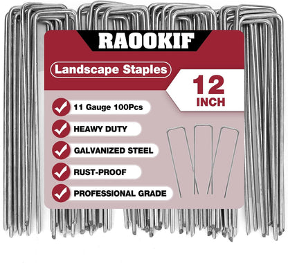 RAOOKIF 12 Inch Galvanized Garden Landscape Staples, 20/50/100/200Pcs Garden Metal Stakes, 11 Gauge Heavy Duty Ground Stakes for Decoration, Fence, Lawn, Fabric Pins