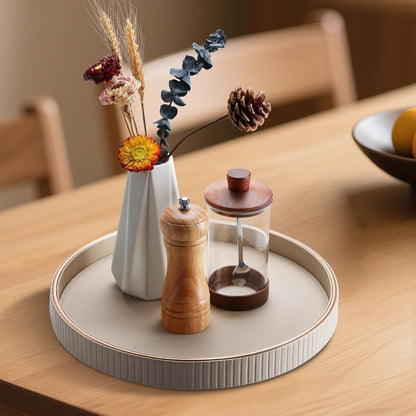 KINGFOM Decorative Serving Tray, PU Leather Valet Nightstand Desk Organizer for Men Women, Round Tray Decor for Coffee Table/Home Decor, Modern Decorative, Centerpiece (Beige)