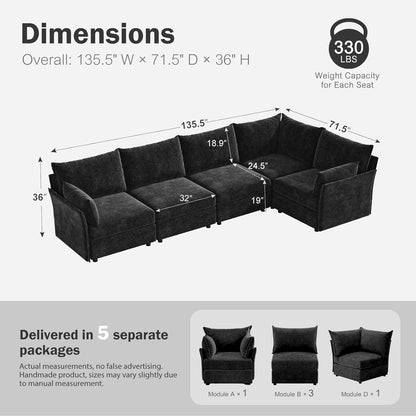 135.5" Oversized Modular Sectional Sofa, L Shaped Convertible Couch with Movable Ottoman, 5 Seat Corner Couches for Living Room Deep Seat Black Chenille