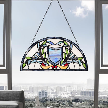 YOURANJU Half Moon Stained Glass Window Hanging Tiffany Style 16" x 8" Half-Round Window Panel Housewarming Gift Living Room Bedroom Kitchen Window Decorative Hangings with Chain (Rattan)