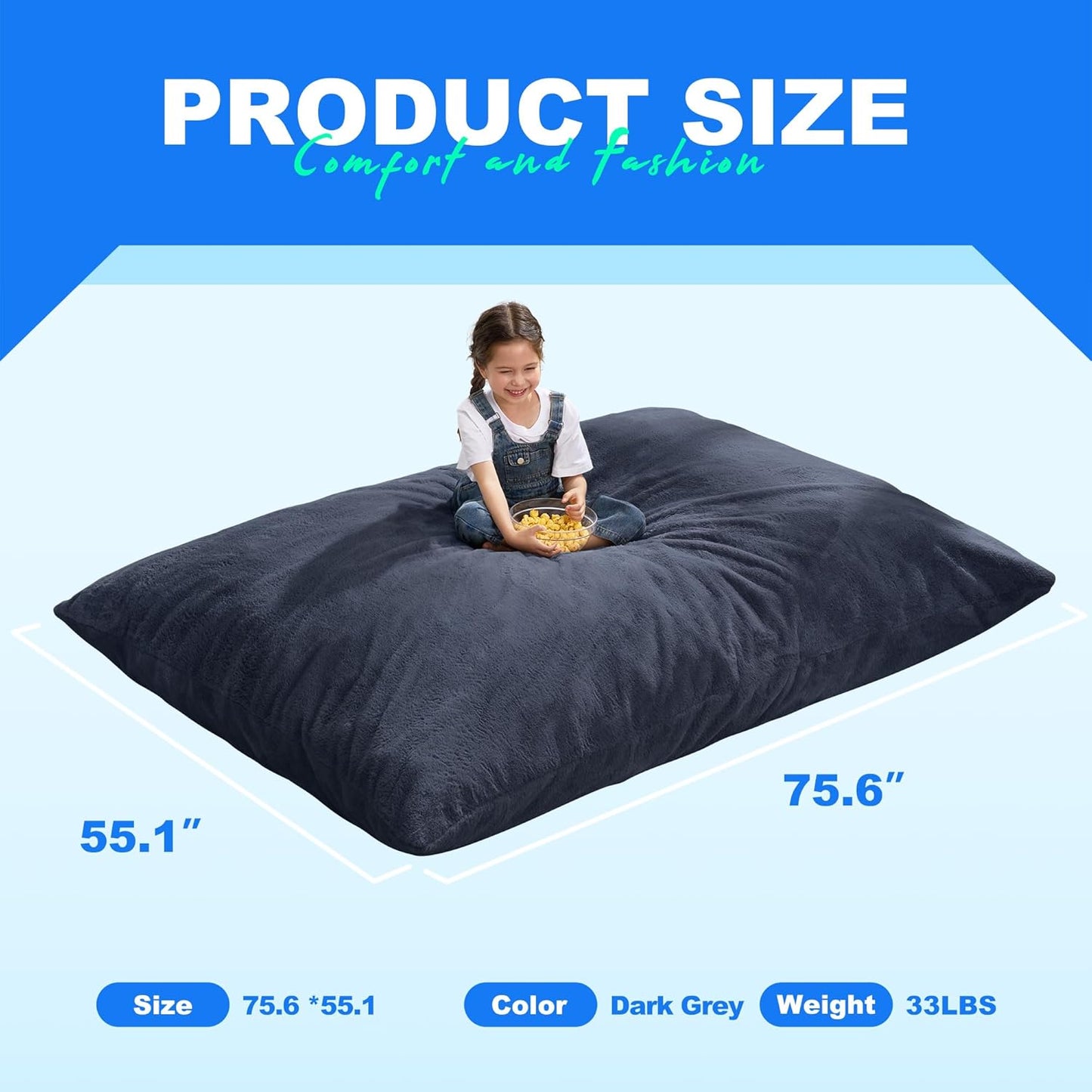 Hobestluk 3 in 1 Bean Bag Chair Giant Bean Bag Chairs for Adults with Plush Faux Fur Cover Convertible Bean Bag Floor Cushion with Machine Washable Cover for Living Room (Plush Dark Grey)