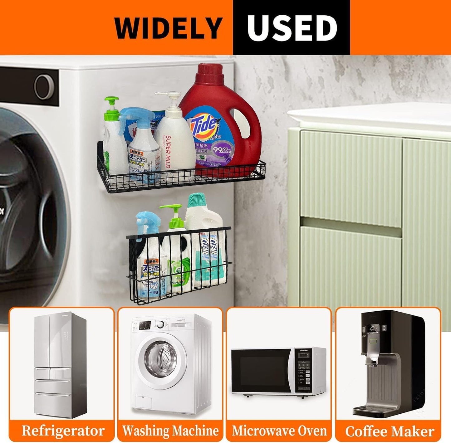 Bruda 2 Pack Magnetic Storage Rack for Spice, Magnetic Organization Shelf for Refrigerator, Fridge, Washing Machine, Oven, Coffee Maker, Metal Peg Board, Stacked Washer and Dryer 010