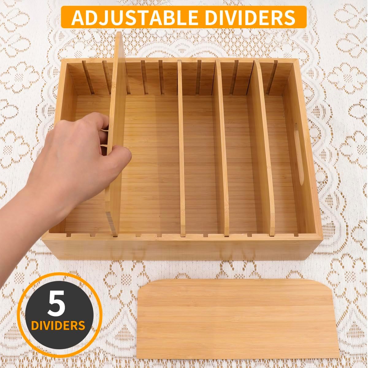 2 Pack Bamboo Lid Holder Food Container, Kitchen Organizer with 5 Adjustable Dividers, Cabinet Organizer for Food, Kitchen Gadget, Container Lids