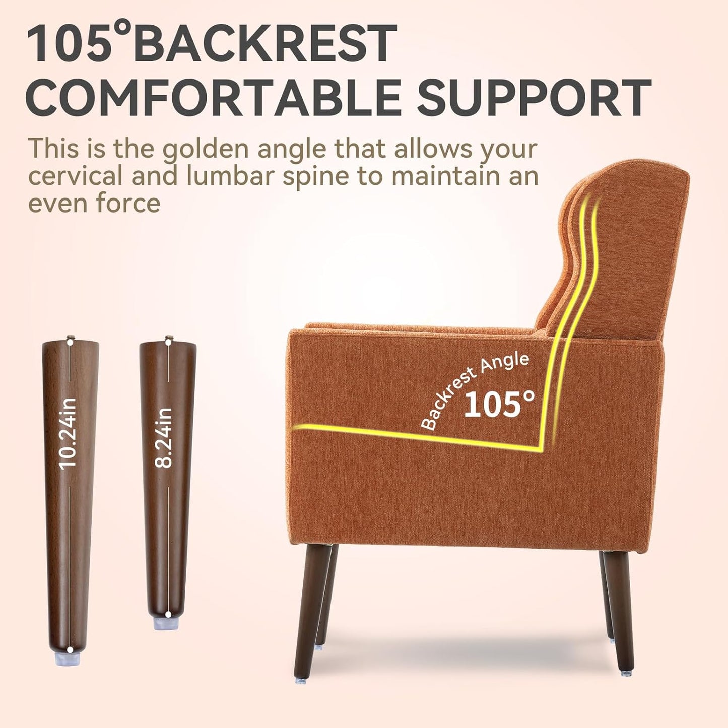 Modern Accent Chair, Upholstered Armchair with Pillow, Fabric Single Sofa Chair with Lounge Seat and Wood Legs Accent Chair for Living Room Bedroom Small Spaces (Orange, Set of 1)