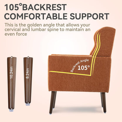 Accent Chair Set of 2, Upholstered Armchair with Pillow, Fabric Single Sofa Chair with Lounge Seat and Wood Legs Accent Chair for Living Room Small Spaces (Orange, Set of 2)