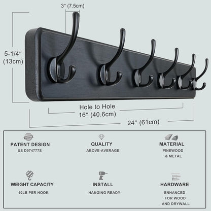 Dseap Wall Mounted Coat Rack: 24" Long, Patented, Heavy-Duty, 6-Double-Hooks Wooden Hanger Rail for Winter Coats, Hat, Jacket, Clothing - Black, Pack of 2