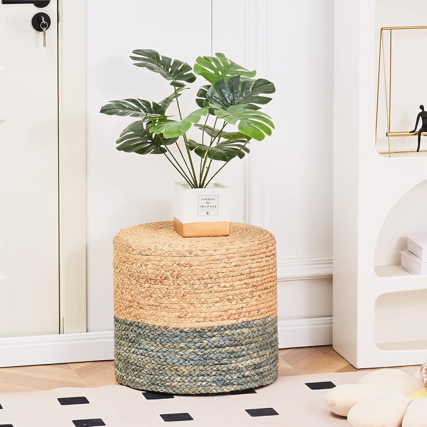 Wimarsbon 18'' Ottoman Pouf, Natural Braided Poof, Rustic Handweave Lounge Pouffe, Boho Footrest Stool for Bedroom, Accent Table or Seat for Living Room (Dusty Blue)