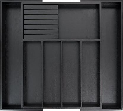 VaeFae Premium Bamboo Silverware Drawer Organizer Kitchen, Expandable Utensil Organizer with Knife Block, Cultery Tray with Divider for Flatware (Black)