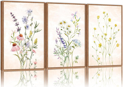 SIGNINART Watercolor Wildflower Framed Canvas Wall Art Set of 3, Boho Botanical Spring Floral Wall Decor, Colorful Minimalist Plant Art Prints for Farmhouse Living Room, Bedroom, Office, Bathroom 16"x24"