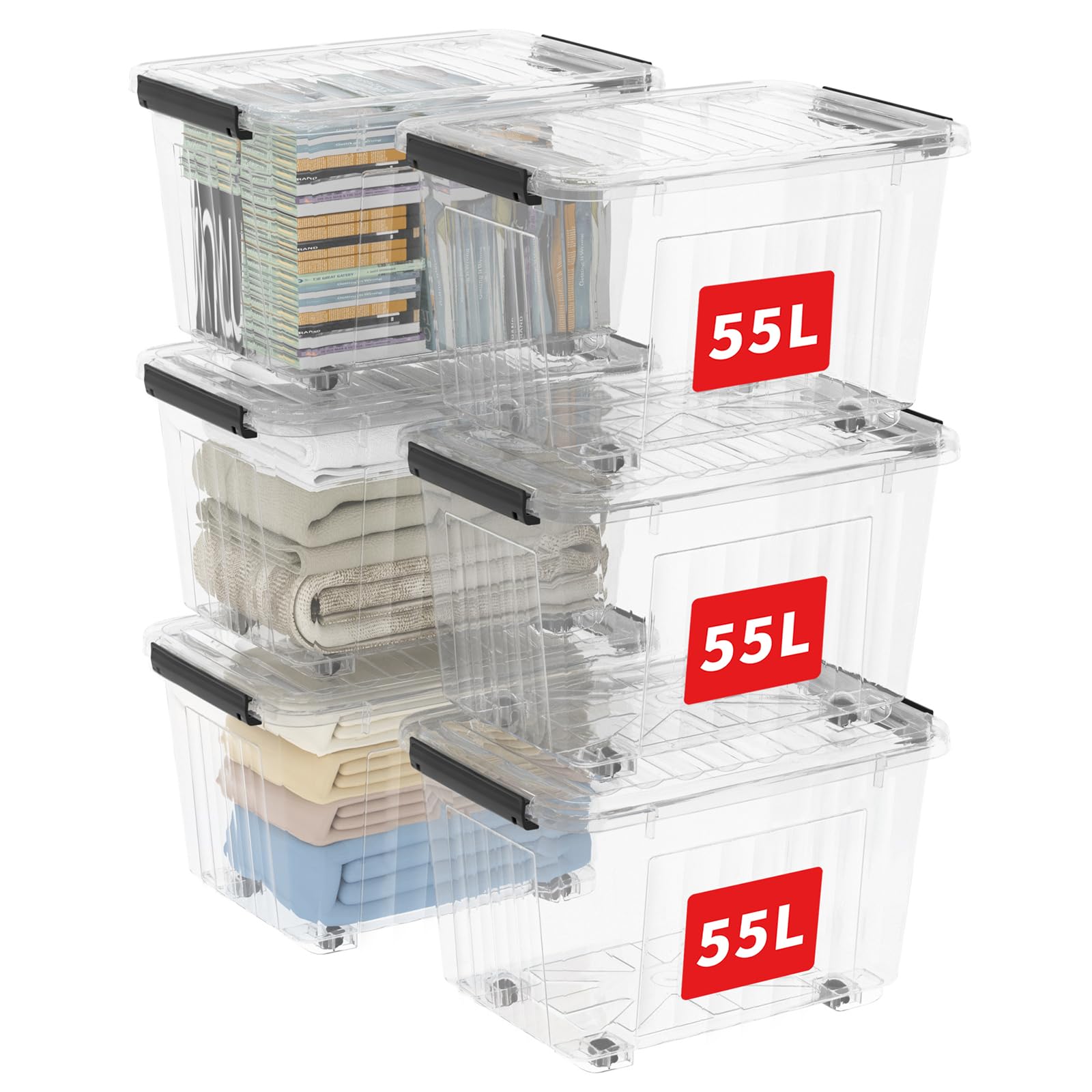 Cetomo 60Qt*6 Plastic Storage Bins, Storage Box, 6 Pack, Organizing Container with Wheels, Durable